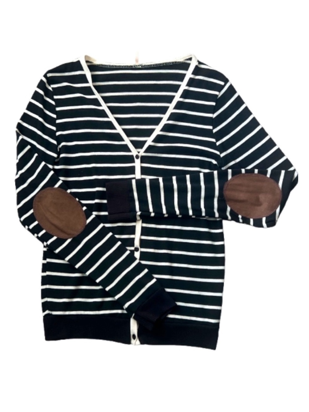 Poof!  Preppy Black and White Striped V-Neck Cardigan with Brown Elbow Patches